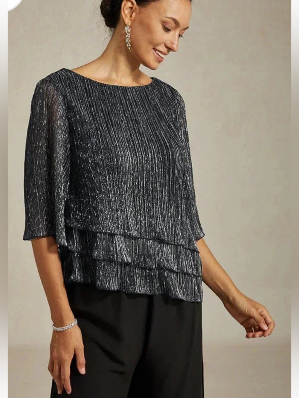 MSGLAMOR NWT Metallic Pleated Chiffon Asymmetrical Layered Blouse